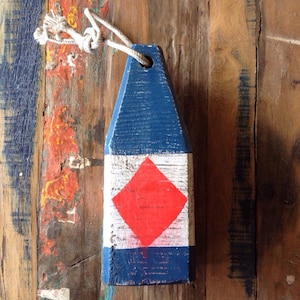 Coastal Decor, 11&quot; Lobster Buoy White Blue Red, Nautical Wooden by SEASTYLE