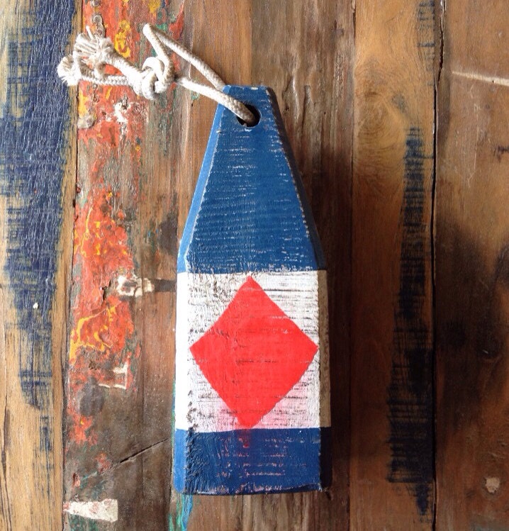 Coastal Decor, 11" Lobster Buoy White Blue Red, Nautical Wooden By Seastyle
