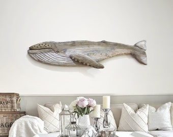Walvis 52" bultrug grijs drijfhout 2D-sculptuur stranddecor van SEASTYLE