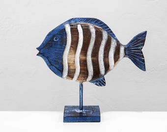 Striped Wood Fish on Stand, Blue-Brown, Beach Décor by SEASTYLE