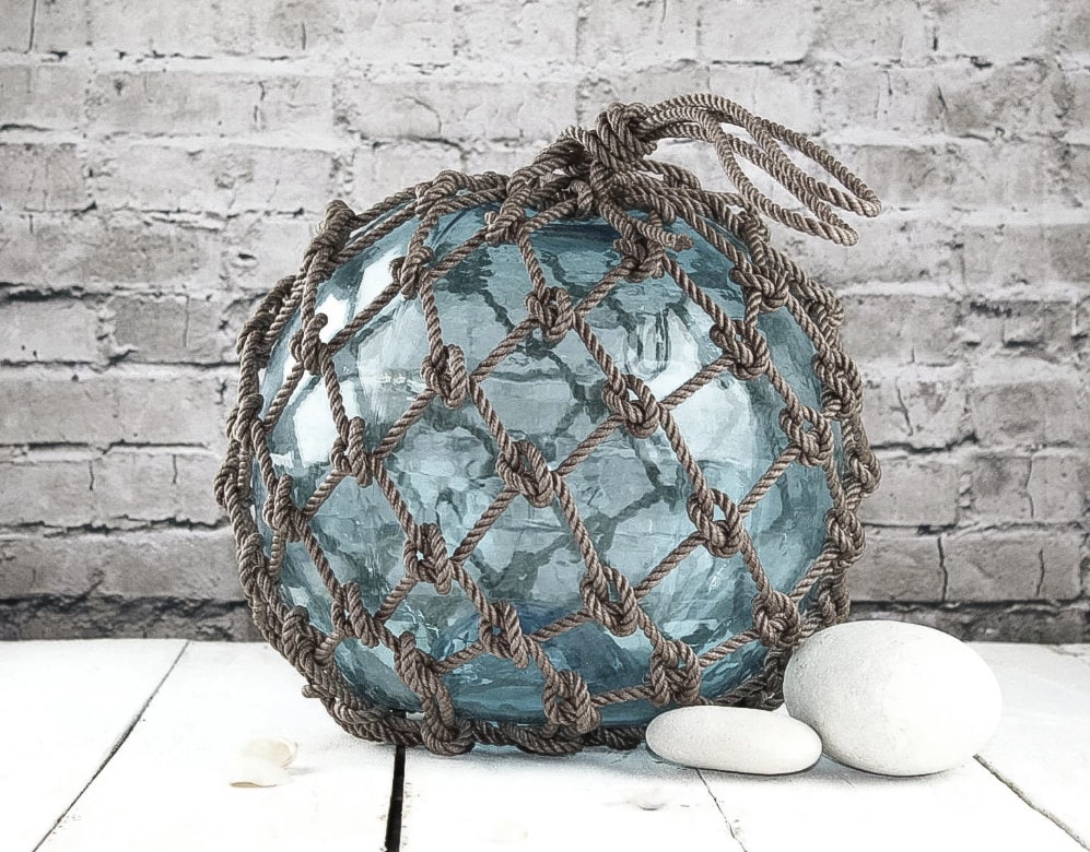 2 Cobalt Blue Glass Fishing Floats- Nautical Coastal Beach Decor - Fish Net  Buoy Ball w/ Rope Netting - Christmas Ornaments -Single, 3 or 6