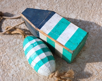 Turquoise Navy blue Wood Buoys Set Beach Decor by SEASTYLE