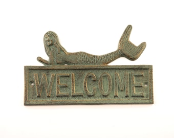 Mermaid WELCOME Sign Beach Decor Cast Iron Distressed by SEASTYLE