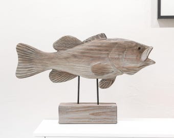 Large Mount Bass Driftwood Fish on Stand 27x17x4 2D Beach Décor by SEASTYLE