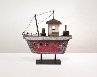 Rustic Driftwood Boat Sculpture, Salvaged Wood Nautical Decor, Primitive Tabletop, Driftwood Style by SEASTYLE