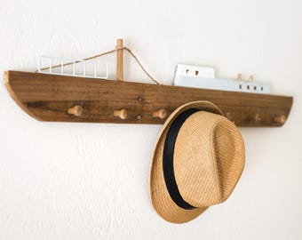 Driftwood Ship Boat Wall Mounted Coat Rack 32" Beach Décor  by SEASTYLE