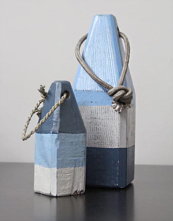 Coastal Decor Set Blue White Navy Lobster Buoy Nautical Vintage Style Wooden by SEASTYLE