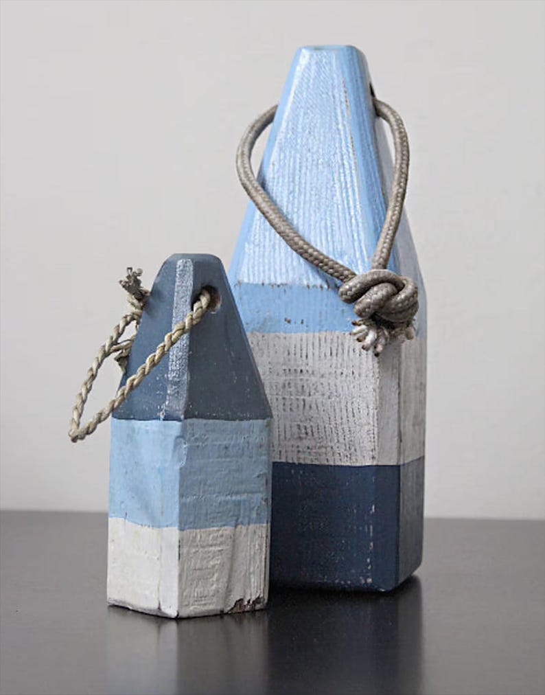 Coastal Decor Set Blue White Navy Lobster Buoy Nautical Vintage Style Wooden by SEASTYLE image 1