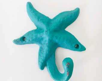 Cast Iron StarFish BLUE AQUA Wall Hook Beach Decor by SEASTYLE