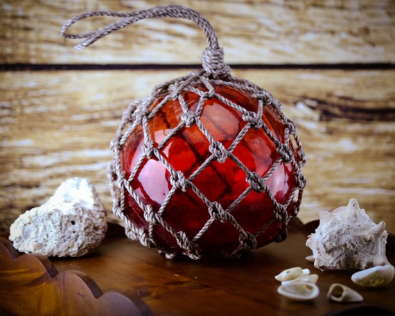 RED Netted Glass Fishing Float, Decorative Beach Decor Used