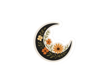 Boho Moon Wildflower Sticker Celestial Floral Crescent Moon Decal Mystical Botanical Laptop Sticker