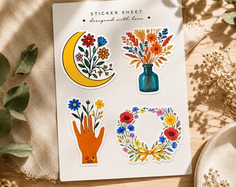 Boho Wildflower Sticker Sheet Die Cut Stickers Variety Pack Floral Vinyl Stickers Botanical Gift