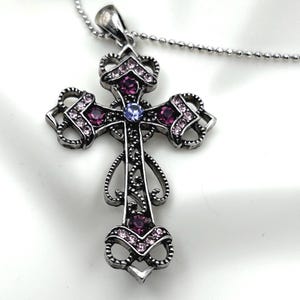 Vintage Gothic Cross Necklace with Ruby and Pink Crystals, Gunmetal Chain