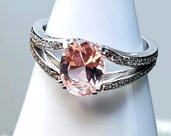 Pink Morganite Oval Cut & CZ Ring  Sterling Silver size 7 1/2