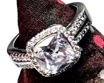 Square Pave CZs  Sterling Silver Engagement Ring  , Size 6