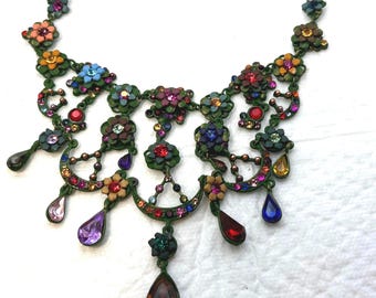 Vintage Gothic Floral Bib Necklace and Earring Set with Multicolored Crystals, Antiqued Green Finish