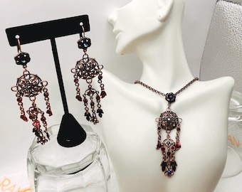 Vintage True Gothic AB Ruby floral Drop Filigree pendant Necklace & Earrings Jewelry Set