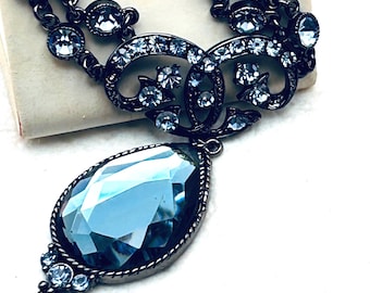 Vintage Gothic blue crystals  Necklace and earrings set . Gun medal finish