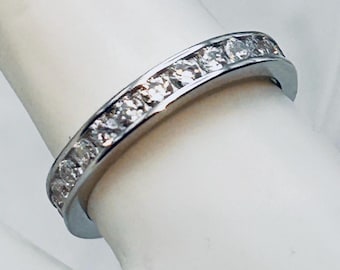 Vintage Sterling Silver W Cubic Zirzonia Eternity Style ring , Size 4 3/4