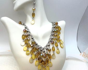 Vintage AB  Amber Crystals & Abalone Dangle Necklace Earrings Set – Silver Tone  Jewelry adjustable