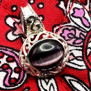 Vintage victorian style Purple Tigers Eye in Scrolled Sterling  Silver Pendant