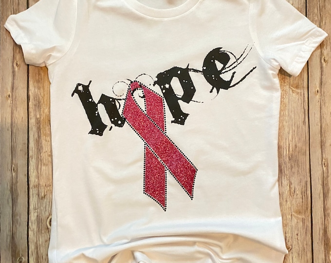 Breast Cancer Awareness - Hope with Pink Glitter Ribbon and Rhinestone Shirt