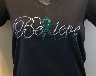 Kidney Disease / Liver Cancer Awareness - Believe with Green Ribbon Bling Shirt