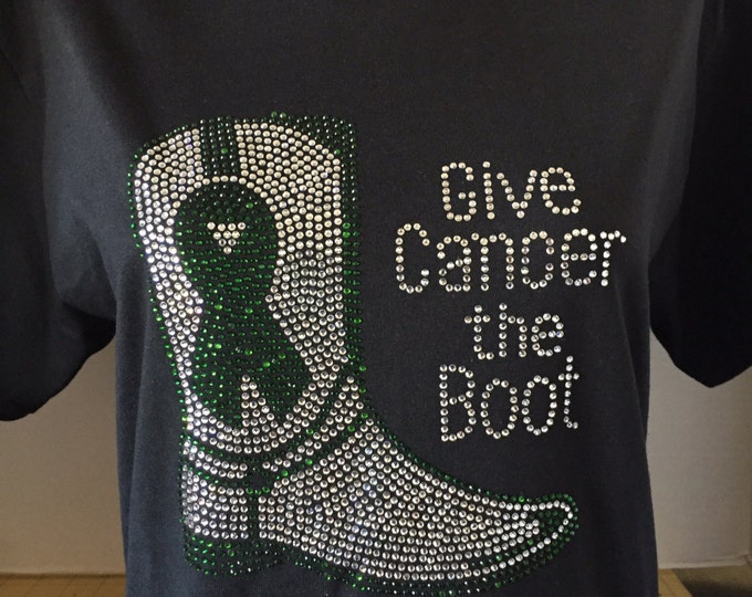 Give Cancer the Boot Bling Shirt - Liver Cancer Awareness Shirt - GREEN and CLEAR STONES