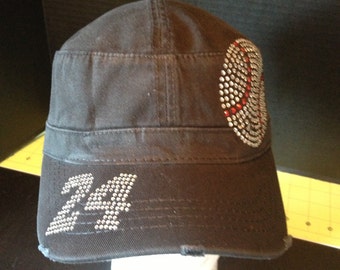 Baseball Rhinestone Embellished Military Style Cotton Hat with number on bill