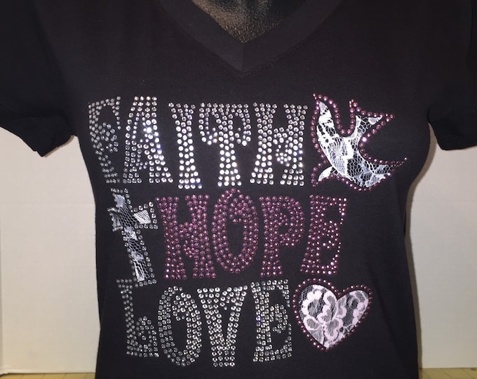 Faith, Hope, Love Bling and Lace Shirt - Breast Cancer Awareness Shirt