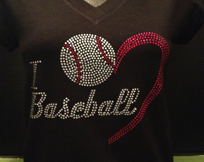 I Love Baseball V-Neck Rhinestone Tee