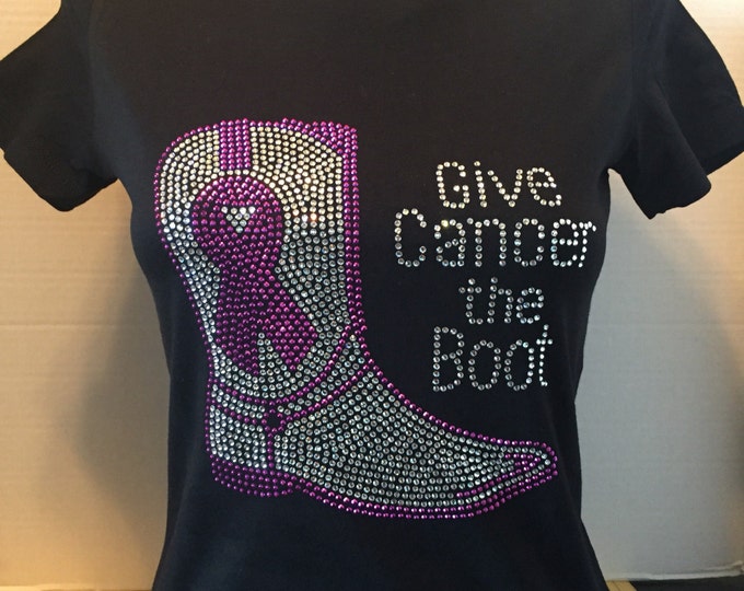 Give Cancer the Boot Bling Shirt - Pancreatic Cancer Awareness Shirt - PURPLE and CLEAR STONES