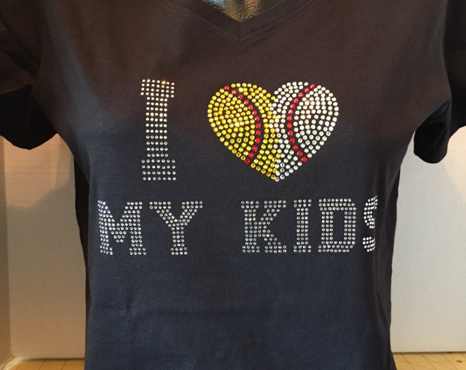 I Love My Kids - Baseball and Softball Mom Bling Shirt