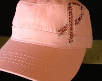 Pink Ribbon Embellished Military Style Cotton Hat - Breast Cancer Awareness