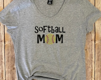 Softball Mom Bling and Print V-Neck T-Shirt