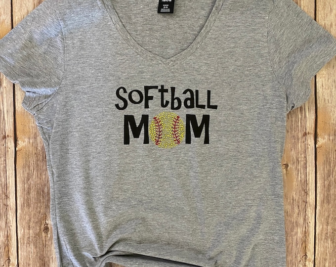 Softball Mom Bling and Print V-Neck T-Shirt