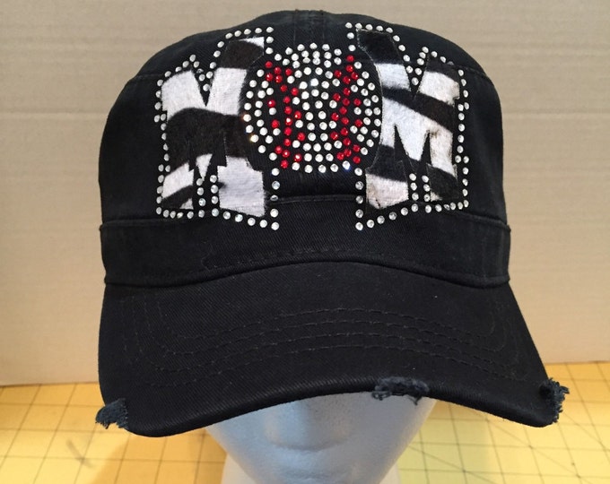 Baseball Mom Rhinestone and Flock Embellished Military Style Cotton Hat