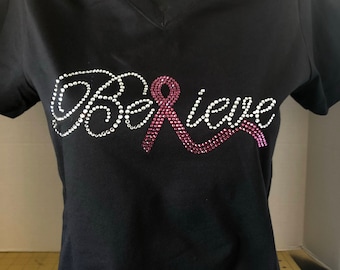 Breast Cancer Awareness - Believe with Pink Ribbon Bling Shirt