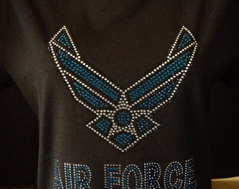 Air Force Sister Bling Rhinestone Black T-Shirt
