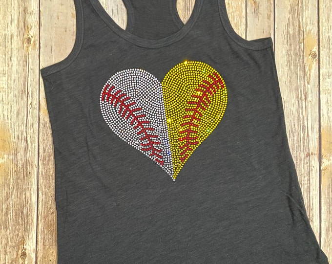 Multi Sports Fan - Football, Softball, Volleyball, Water Polo, Basketball, Soccer or Baseball Split Heart Rhinestone Shirt