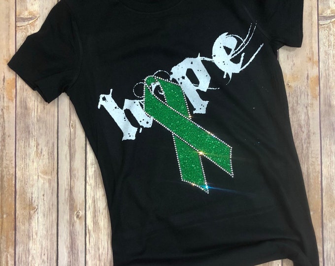 Kidney Disease / Liver Cancer Awareness - Hope with Green Glitter Ribbon - Black Shirt