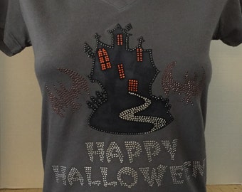 Spooky Castle Bling and Fabric Embellished Shirt  - Halloween Bling Shirt