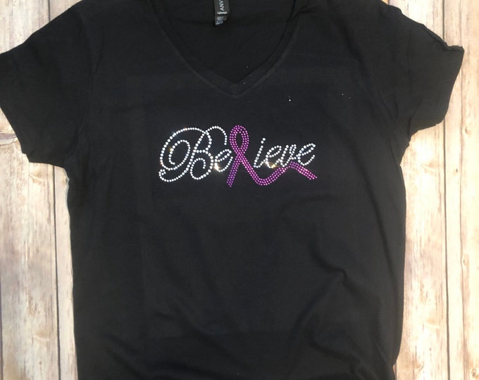 Pancreatic Cancer Awareness - Believe with Purple Ribbon Bling Shirt