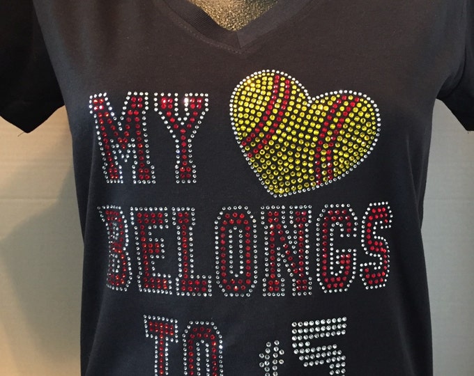 My Heart Belongs to... - Softball Mom Bling Shirt.  Customize Stone Color and Number