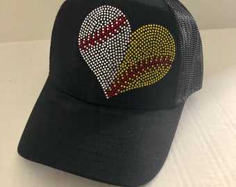 Softball and Baseball Rhinestone Split Heart - Truckers Hat