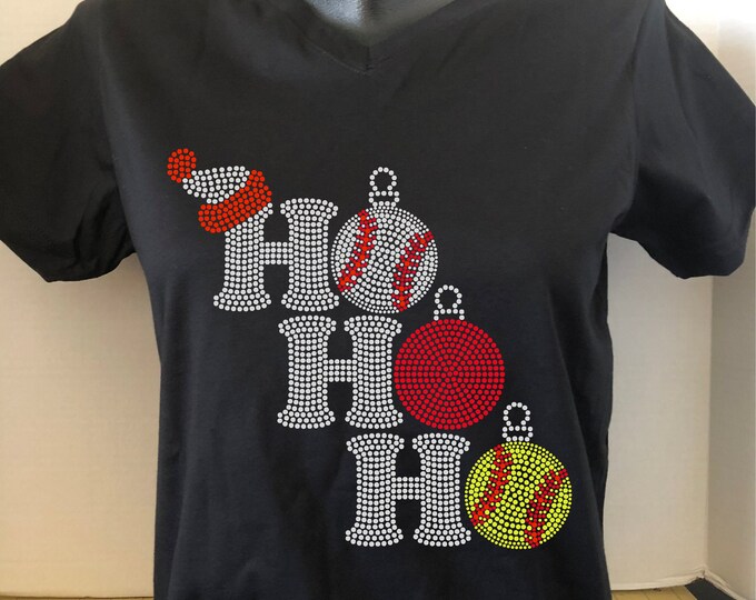Christmas - Holiday -Ho Ho Ho With Baseball and Softball Ornaments Rhinestone Shirt