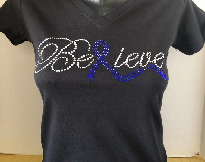 Colon Cancer - Believe with Blue Ribbon Bling Shirt