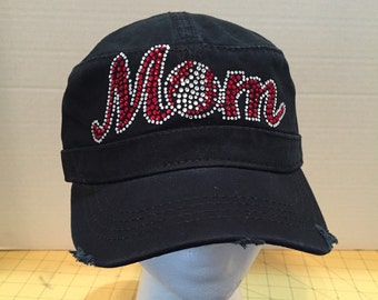 Baseball Mom Rhinestone Embellished Military Style Cotton Hat