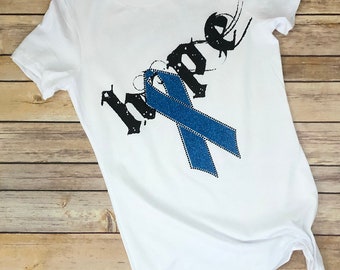 Colon Cancer Awareness - Hope with Blue Glitter Ribbon and Rhinestone Shirt