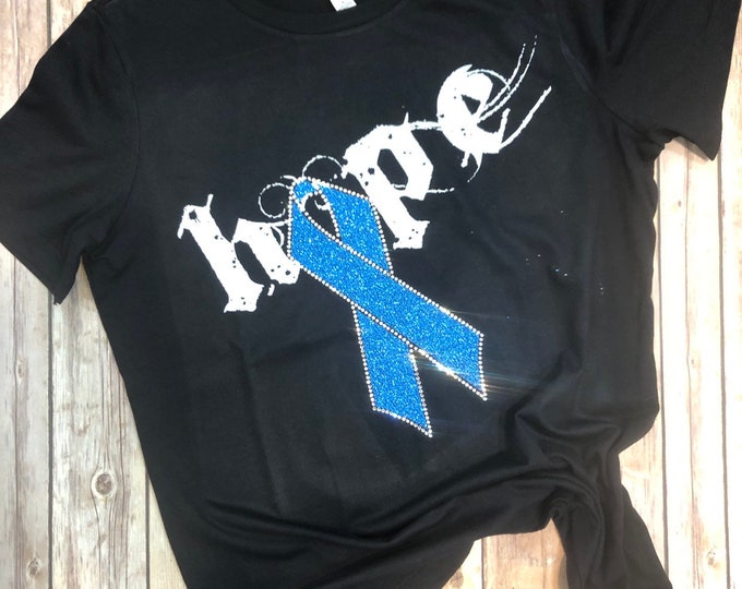 Colon Cancer Awareness - Hope with Blue Glitter Ribbon - Black Shirt